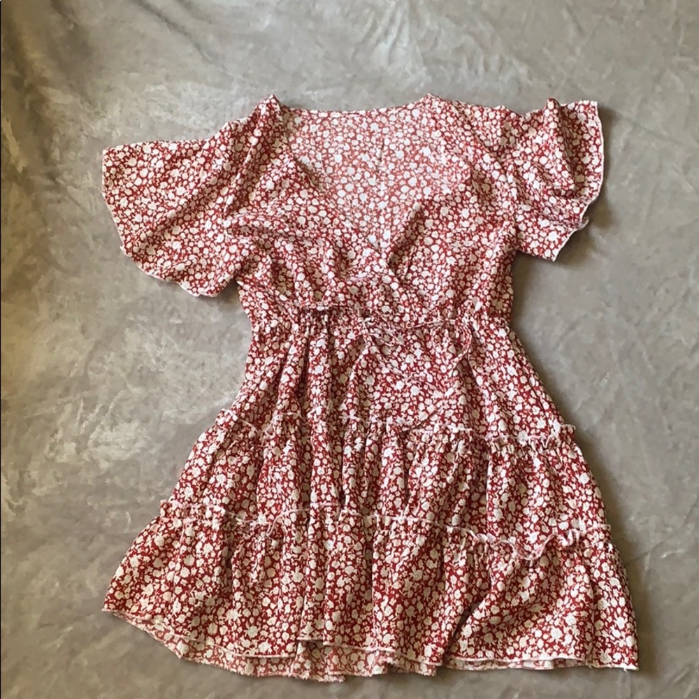 red floral ruffled dress
